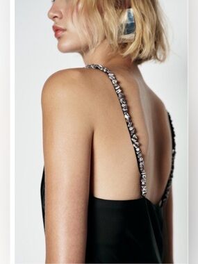 ZARA Black Satin Effect Slip Dress with Embellished Straps. M NWT